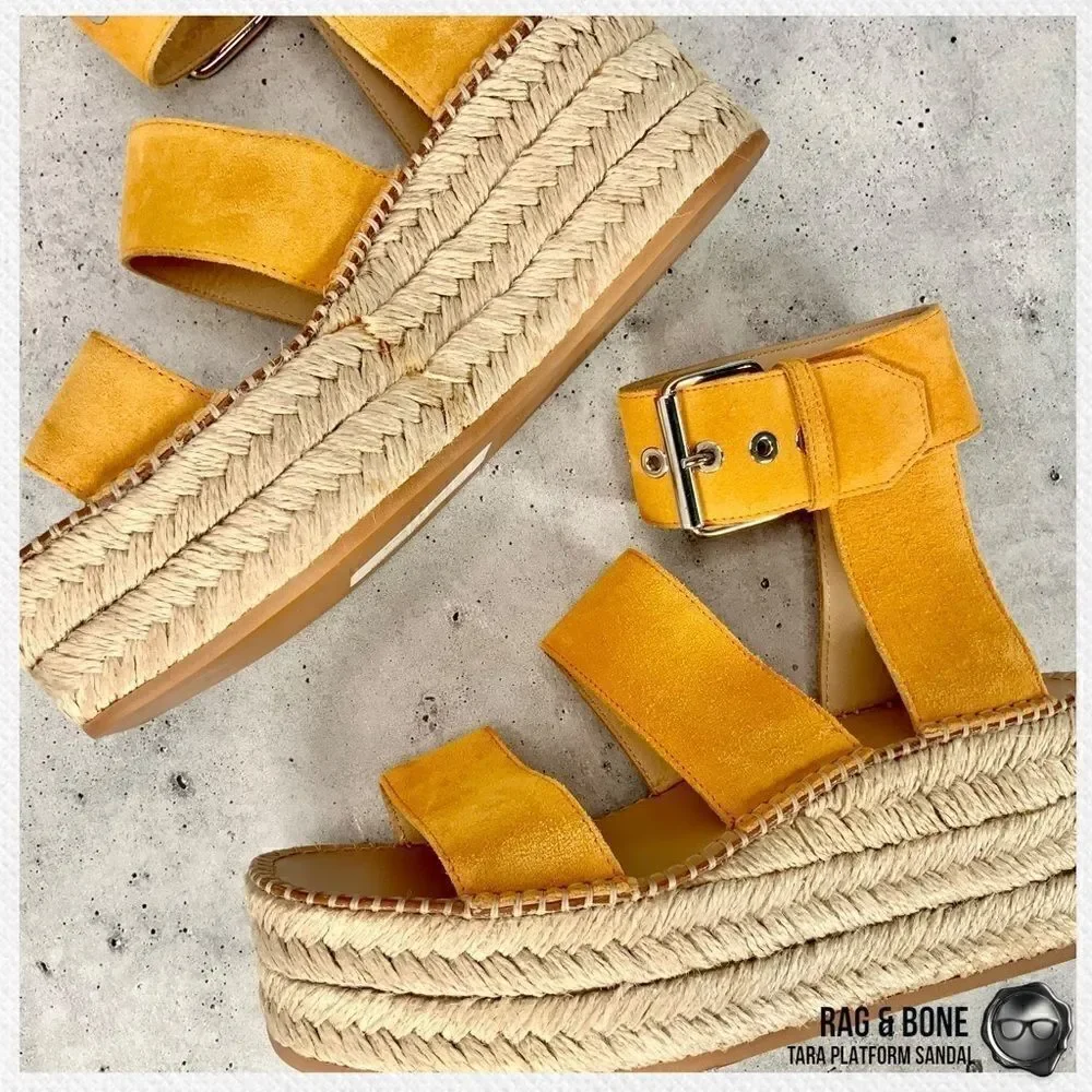 RAG & BONE TARA ESPADRILLE PLATFORM SANDAL MARIGOLD SUEDE WOMEN’S SIZE 7 YELLOW